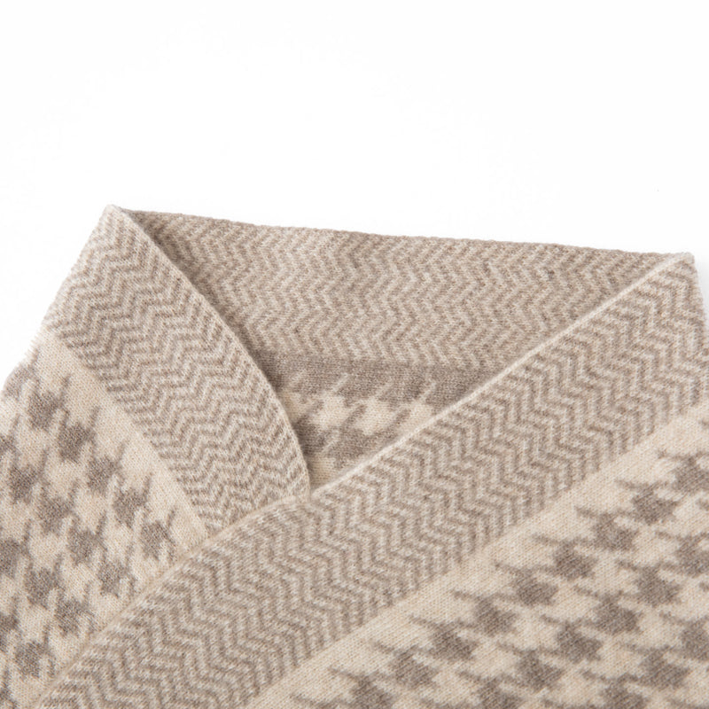 Beige Houndstooth 100% Cashmere Scarf