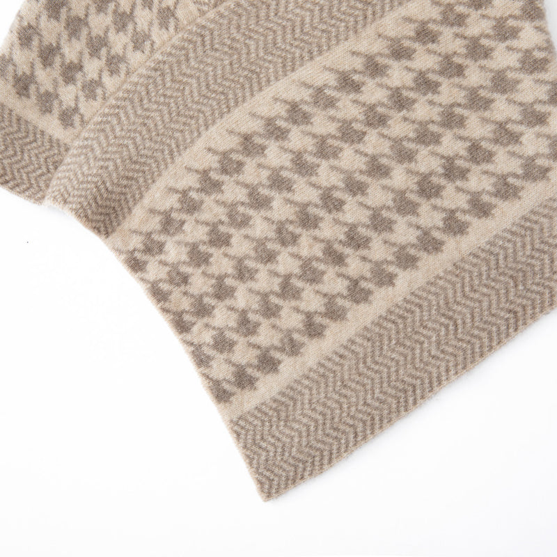 Beige Houndstooth 100% Cashmere Scarf