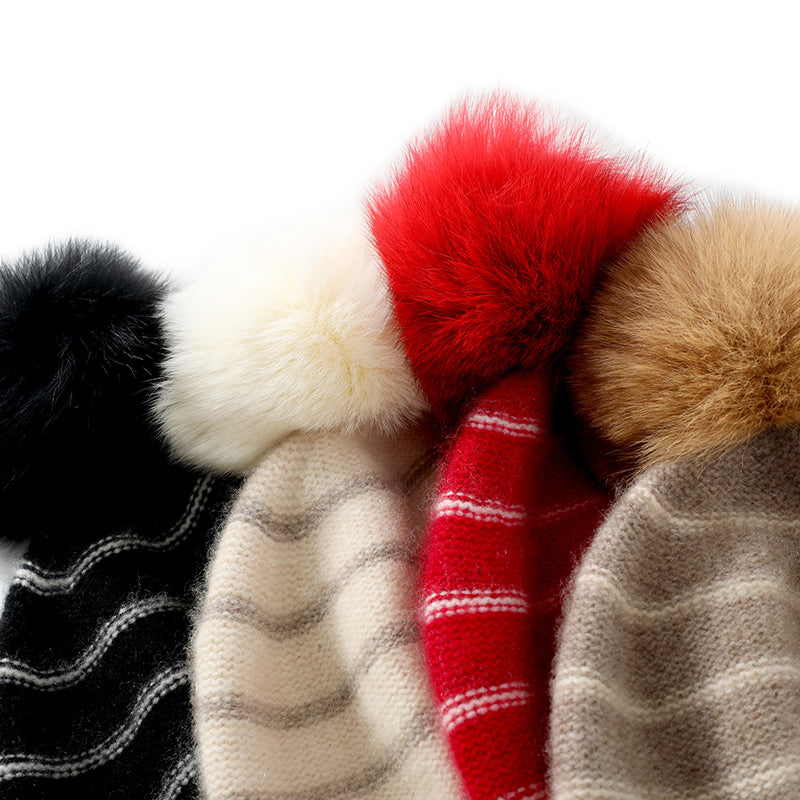 100% cashmere beige striped earflap hat