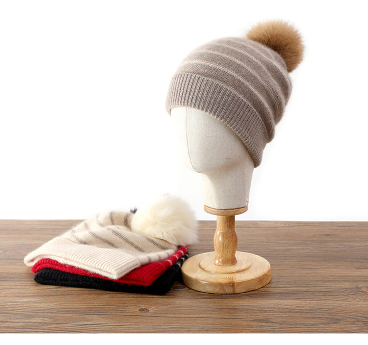 100% Camel Striped Cashmere Earflap Hat