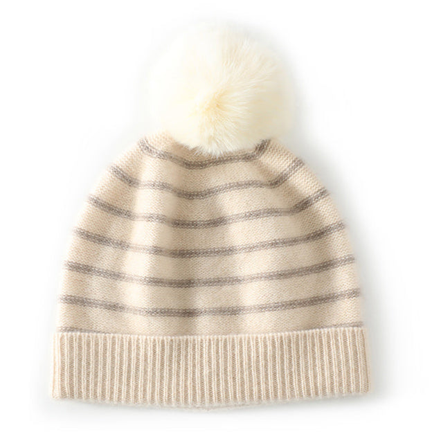 100% cashmere beige striped earflap hat