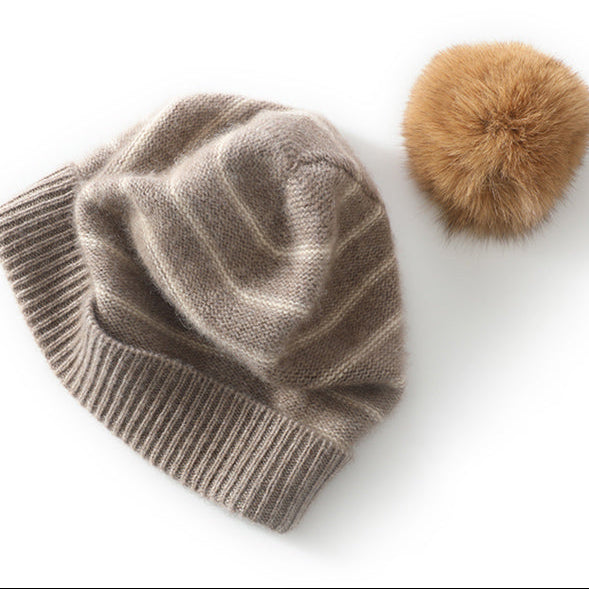 100% Camel Striped Cashmere Earflap Hat